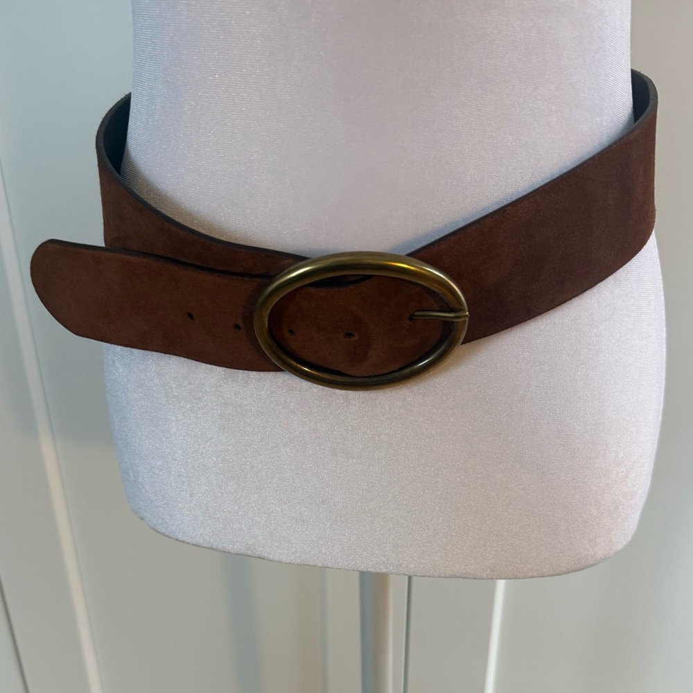 Brown Suede Leather Belt with Gold Buckle - Picture 2 of 7